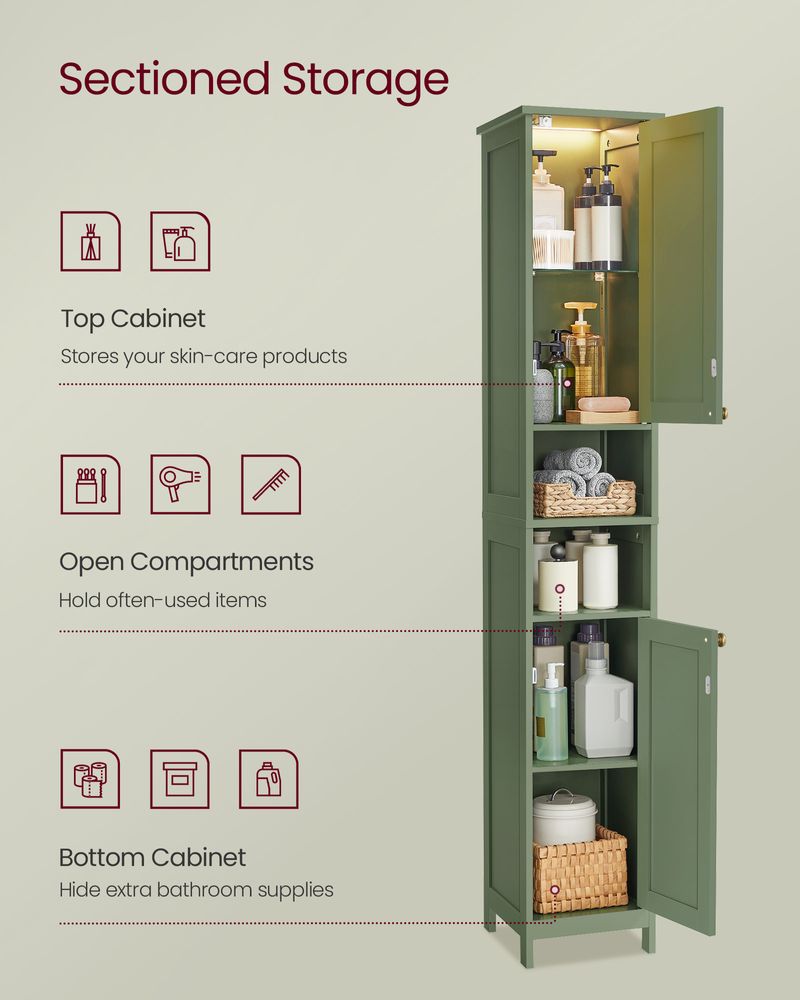 Bathroom Cabinet – Auto LED Lighting – Tall Storage With Adjustable Shelves