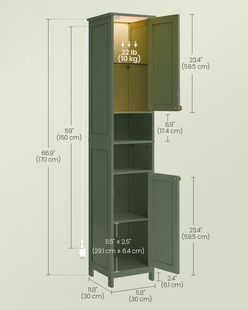 Bathroom Cabinet – Auto LED Lighting – Tall Storage With Adjustable Shelves