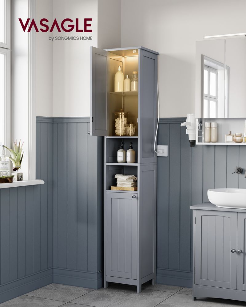 Tall Bathroom Cabinet with Lights – Narrow Design – Adjustable Shelves