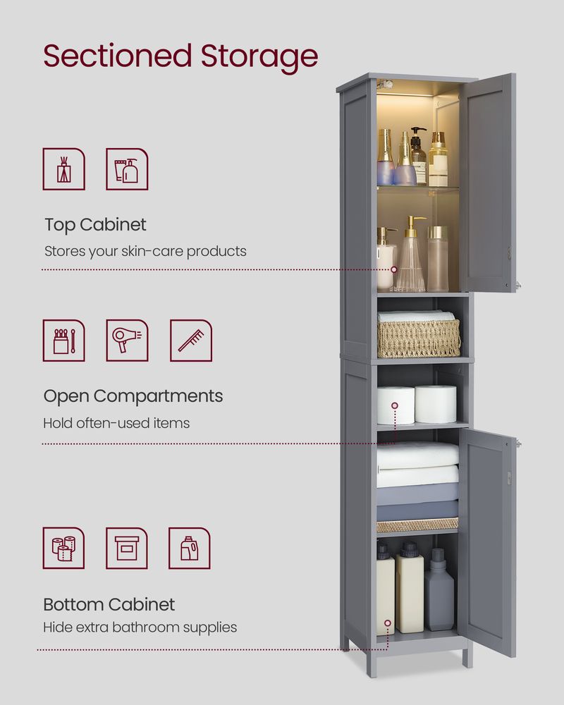 Tall Bathroom Cabinet with Lights – Narrow Design – Adjustable Shelves