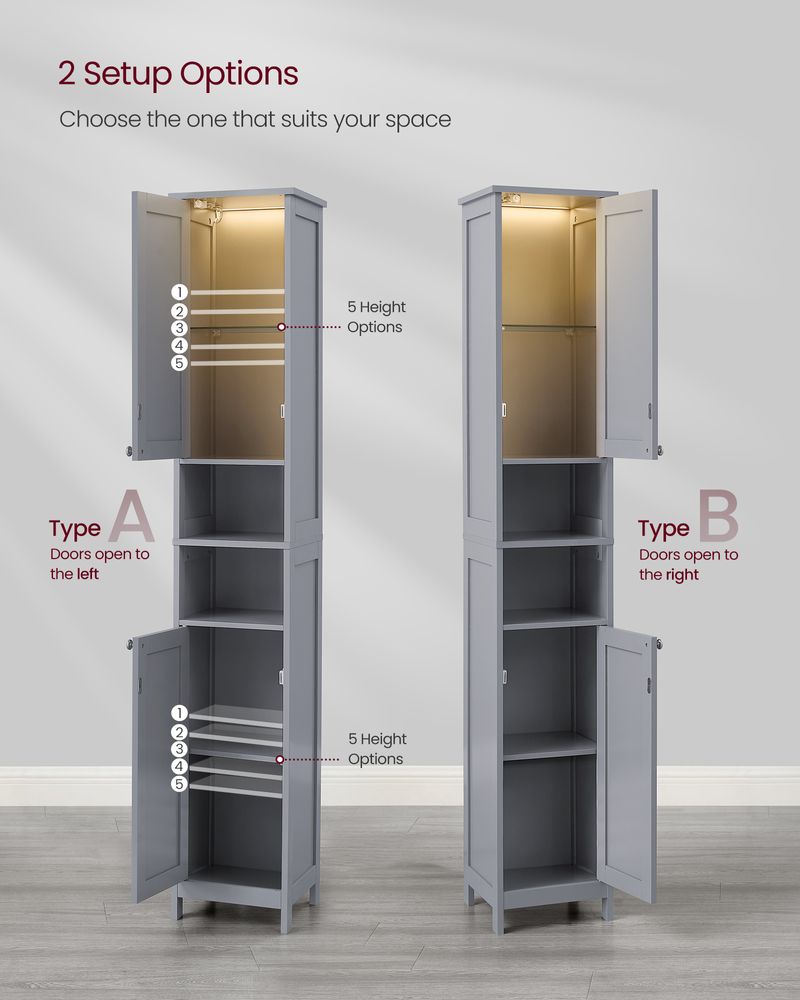 Tall Bathroom Cabinet with Lights – Narrow Design – Adjustable Shelves