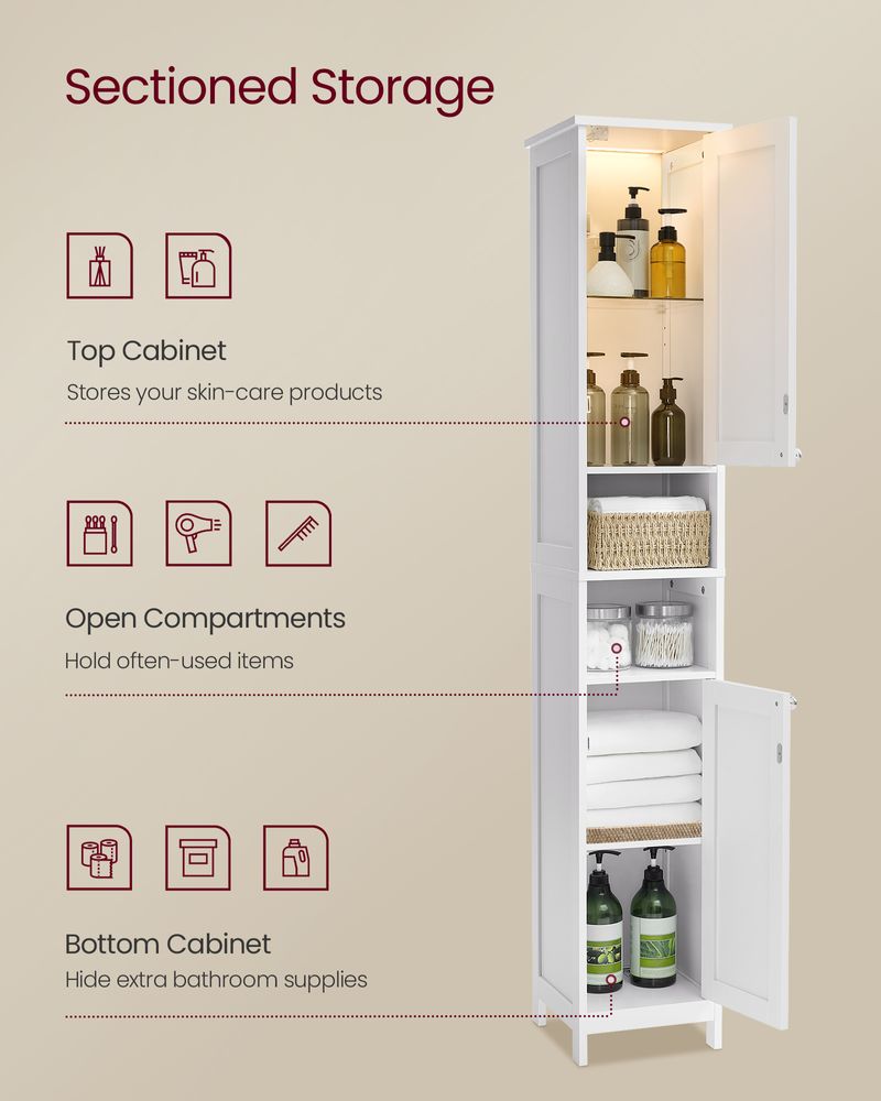 Tall Bathroom Cabinet with Lights – Narrow Design – Adjustable Shelves