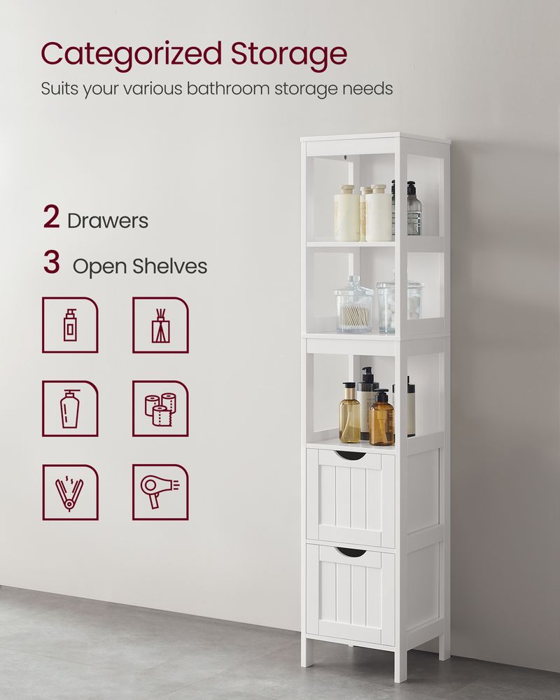 Bathroom Floor Cabinet - Slim With 2 Removable Drawers - Storage Unit