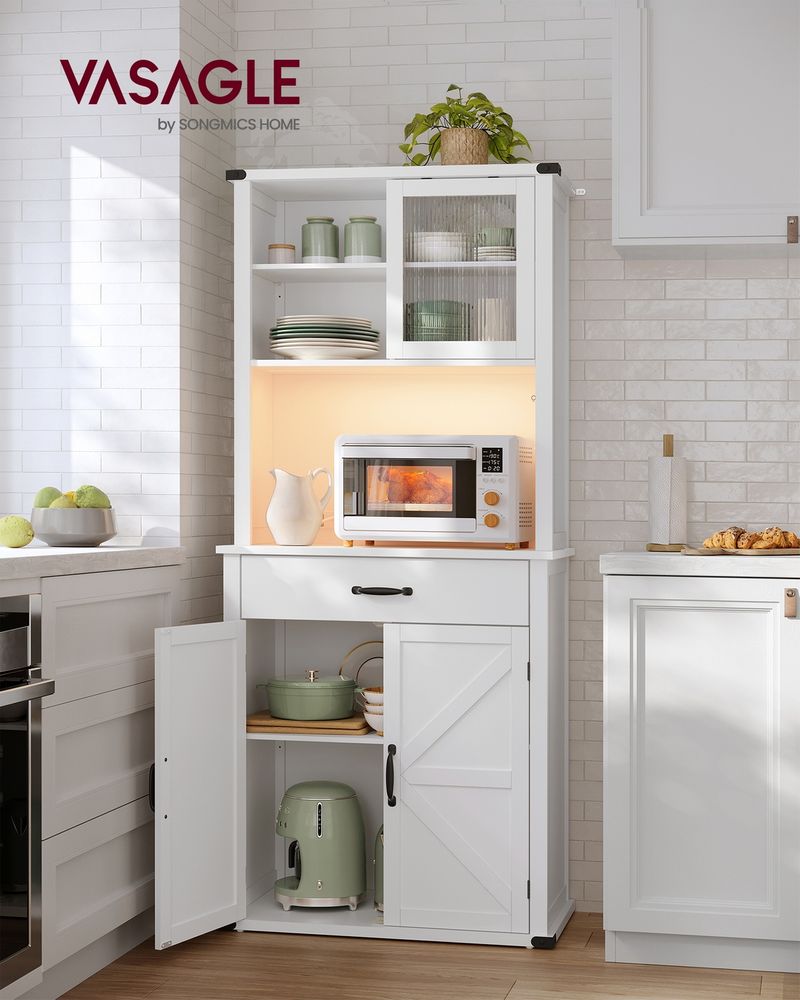 71 Inch Pantry Cabinet With Lights Charging Station Adjustable Shelves