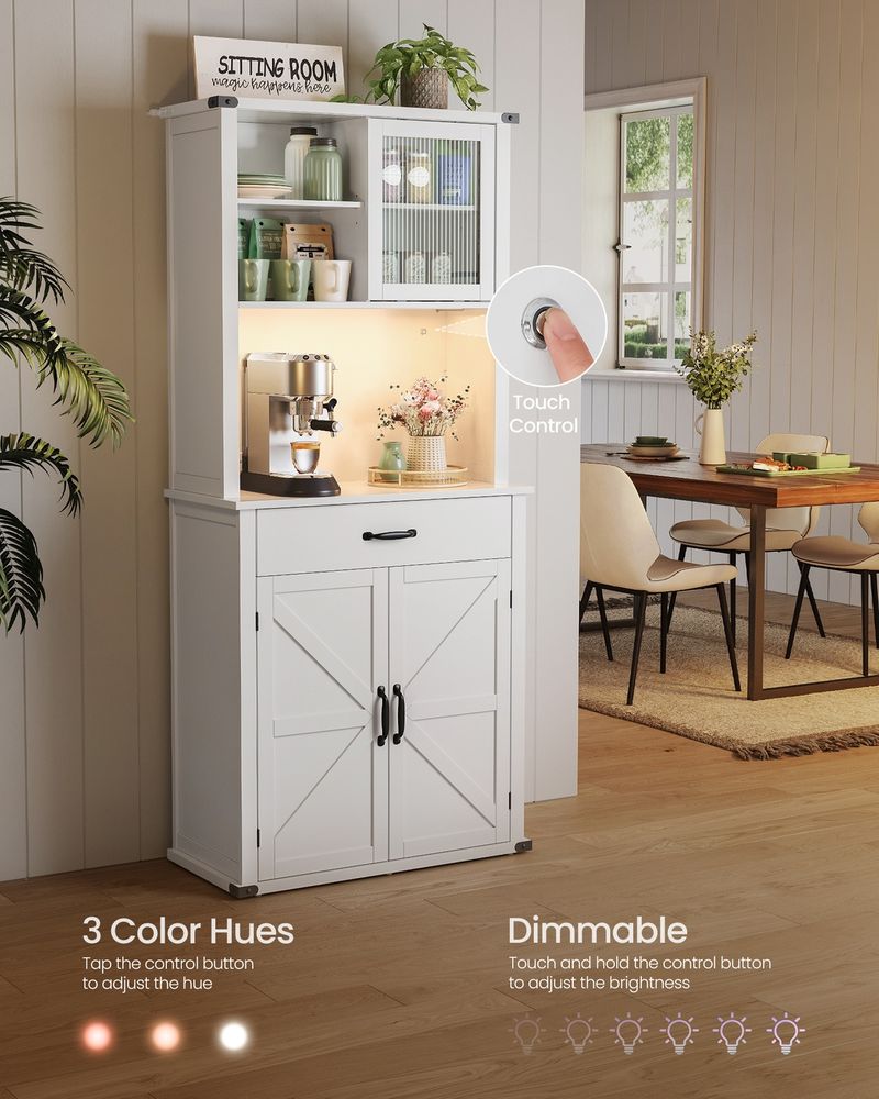 71 Inch Pantry Cabinet With Lights Charging Station Adjustable Shelves