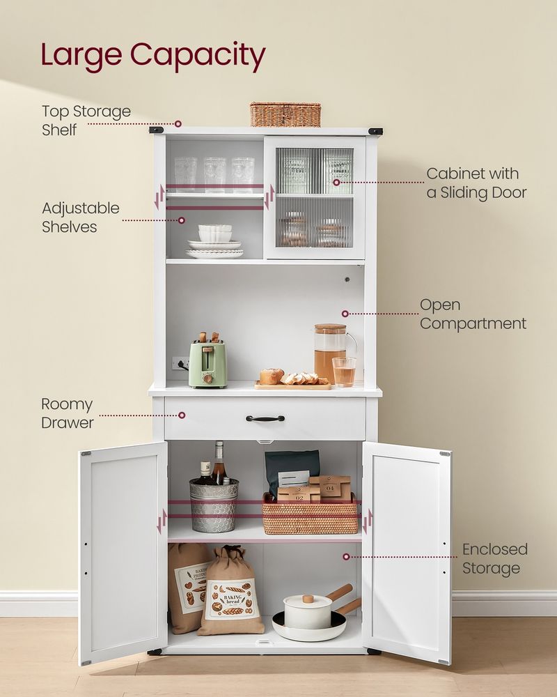 71 Inch Pantry Cabinet With Lights Charging Station Adjustable Shelves