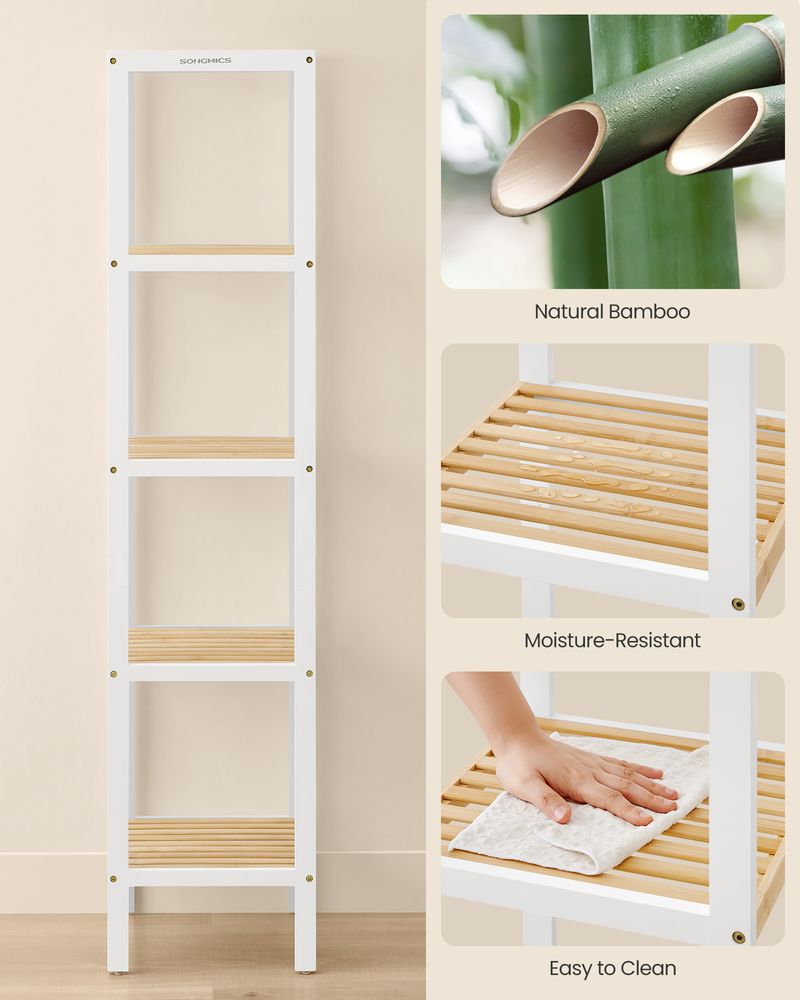 Bathroom Shelf - 5 Tier Bamboo - Slim Storage Rack