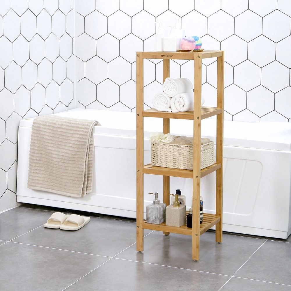 4-Tier Bamboo Bathroom Shelf – Narrow Design – Space-Saving Storage Rack