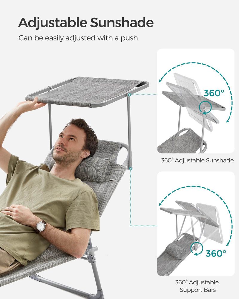 Sun Lounger With Sunshade Adjustable Backrest Folding Outdoor Lounge Chair