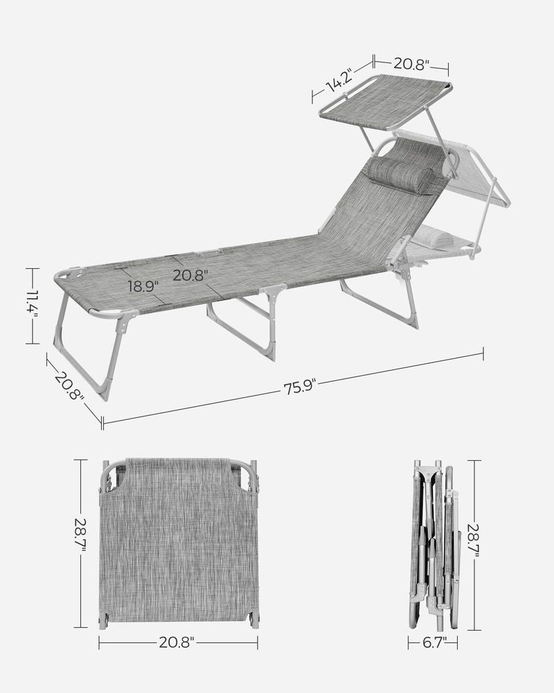 Sun Lounger With Sunshade Adjustable Backrest Folding Outdoor Lounge Chair