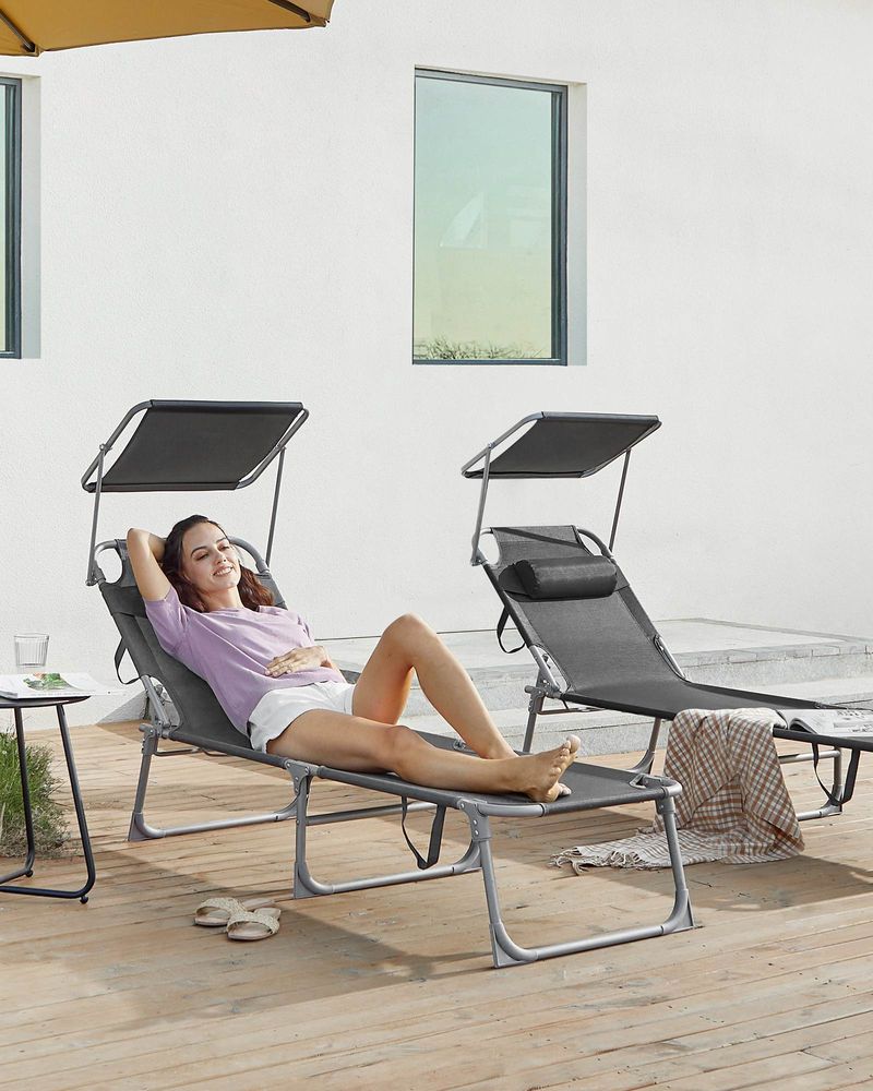 Sun Lounger With Sunshade Adjustable Backrest Folding Outdoor Lounge Chair