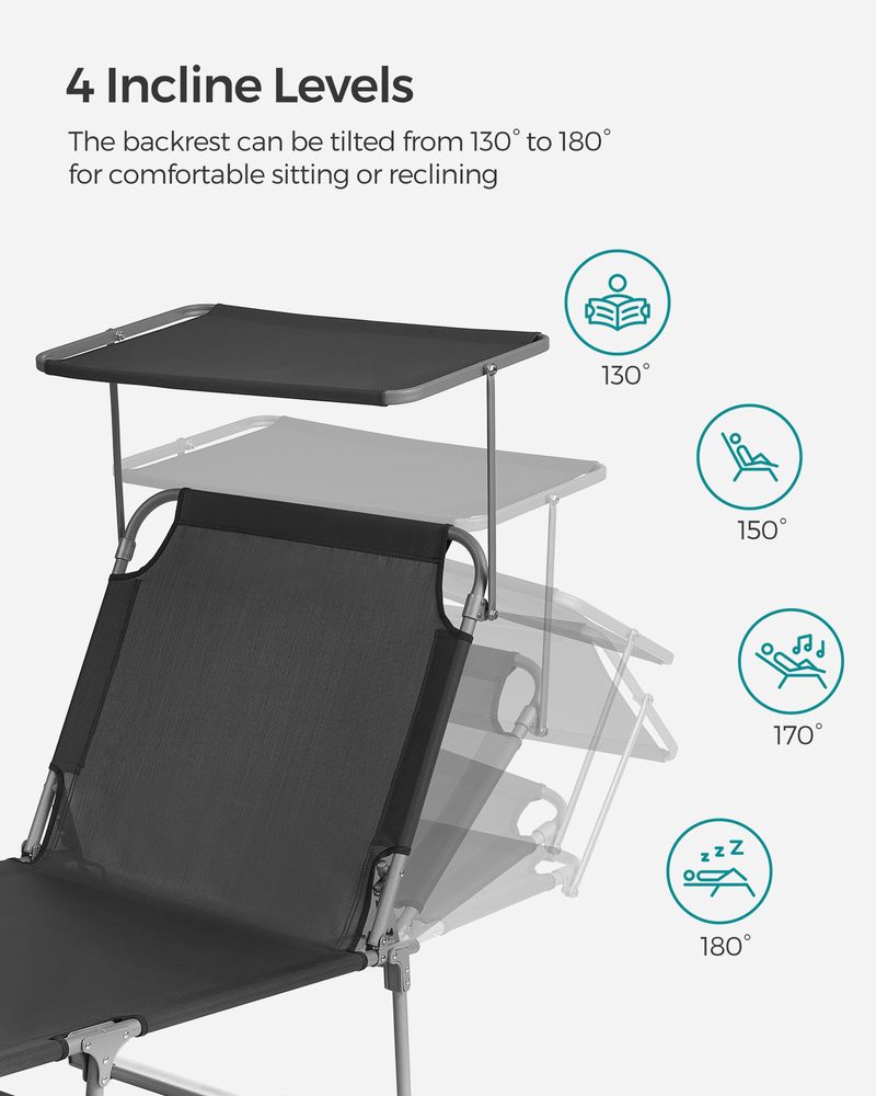 Sun Lounger With Sunshade Adjustable Backrest Folding Outdoor Lounge Chair