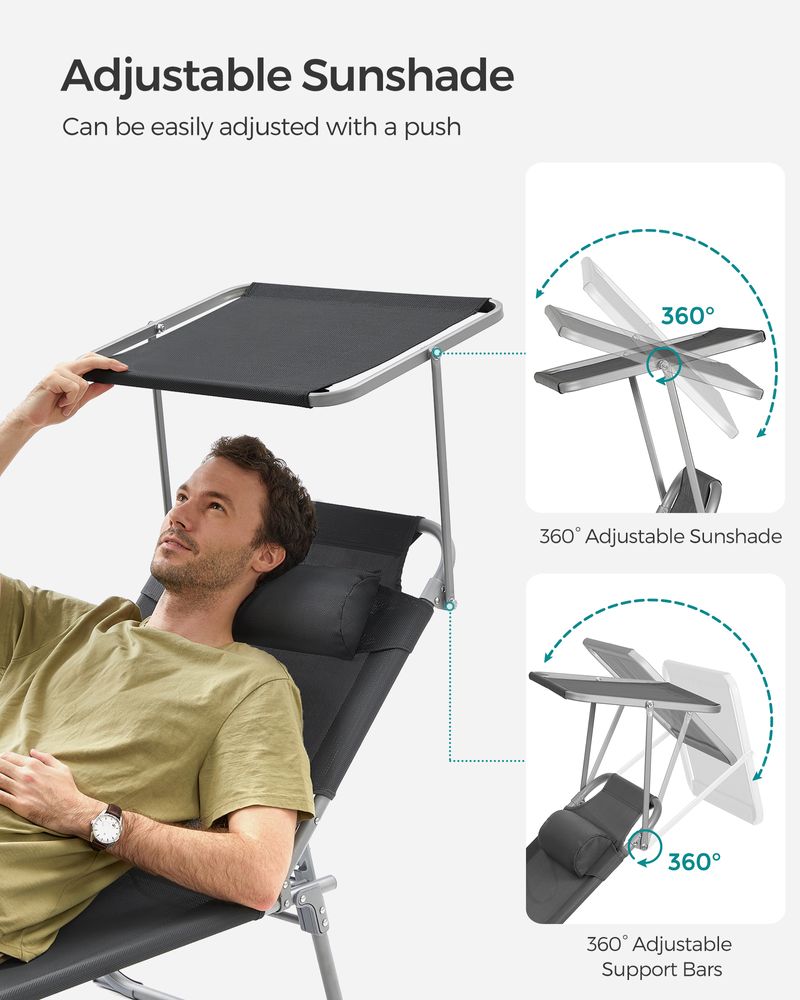 Sun Lounger With Sunshade Adjustable Backrest Folding Outdoor Lounge Chair