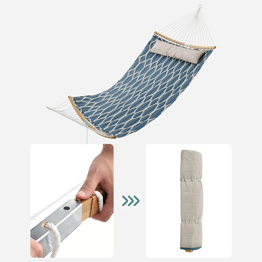 Quilted Hammock With Bamboo Spreader Bars and Pillow Portable Swing Bed