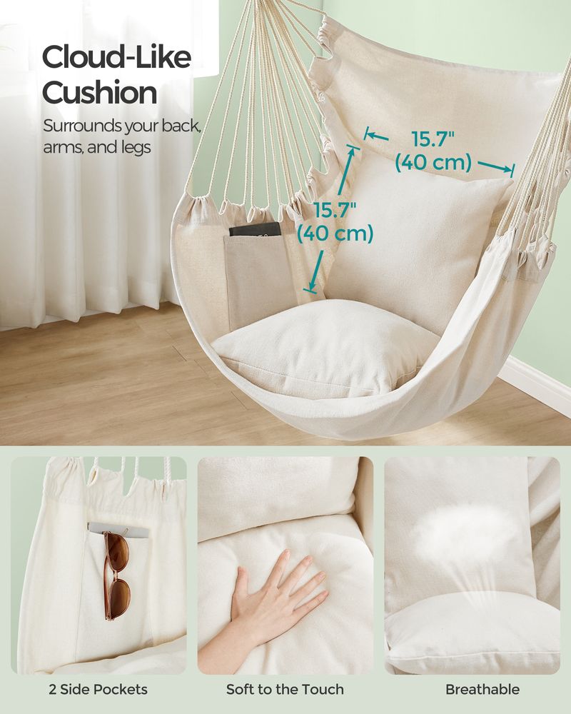 Hammock Chair With 2 Cushions Hanging Swing Chair With Pockets