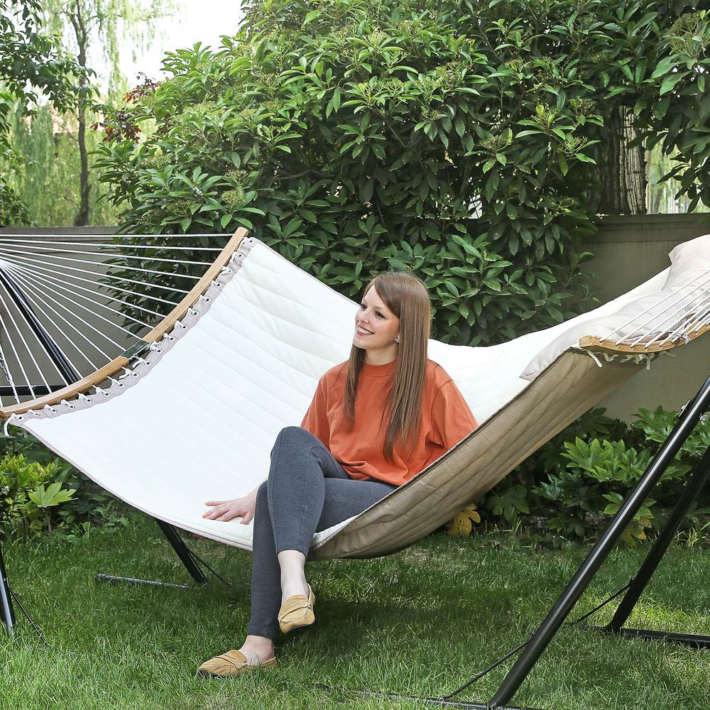 Quilted Hammock With Bamboo Spreader Bars and Pillow Portable Swing Bed