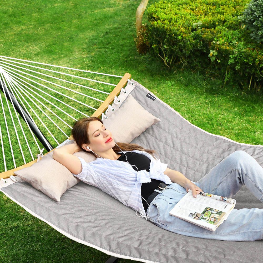 Quilted Hammock With Bamboo Spreader Bars and Pillow Portable Swing Bed