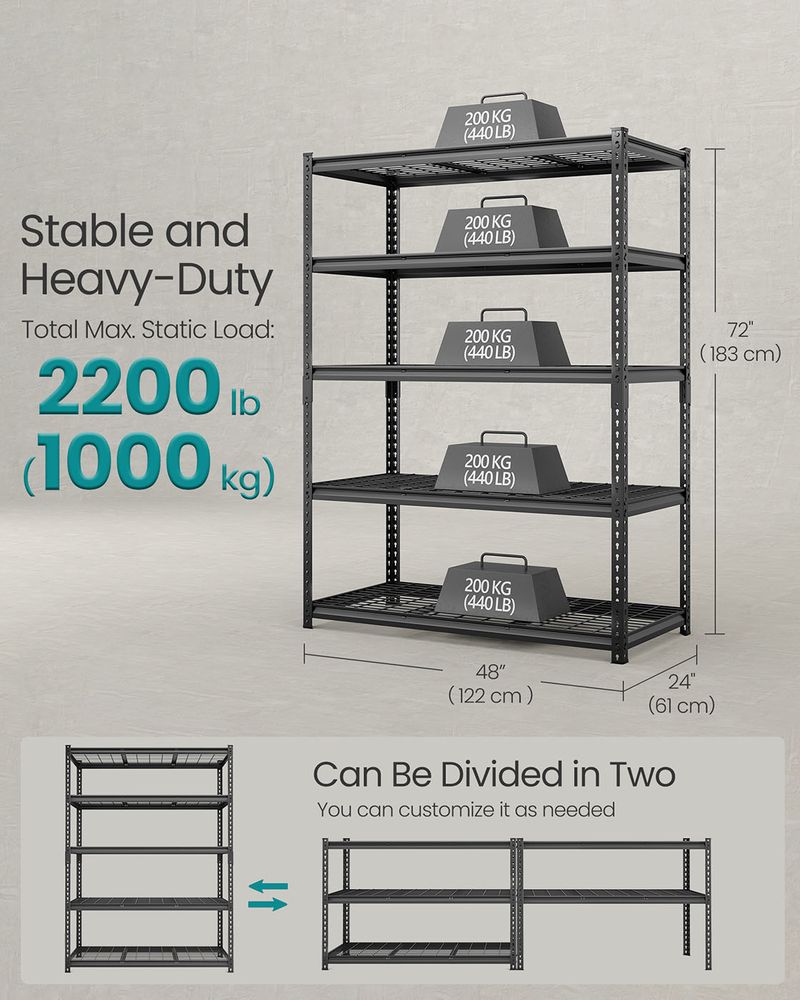 Storage Shelves - 5 Tier Adjustable - Heavy Duty Steel