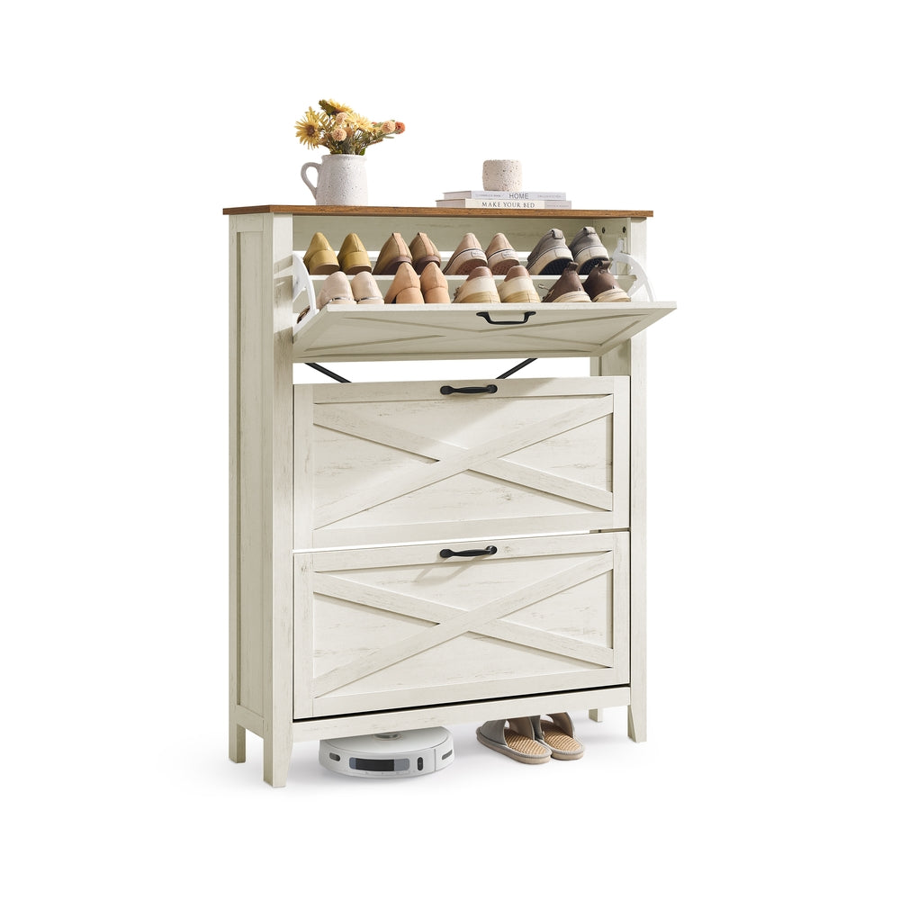 Shoe Storage Cabinet – 3 Flip Drawers – Farmhouse Entryway Organizer