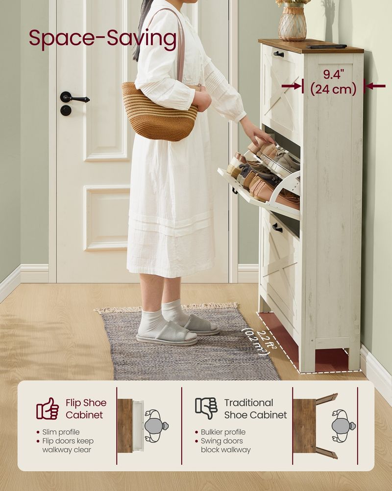 Shoe Storage Cabinet – 3 Flip Drawers – Farmhouse Entryway Organizer