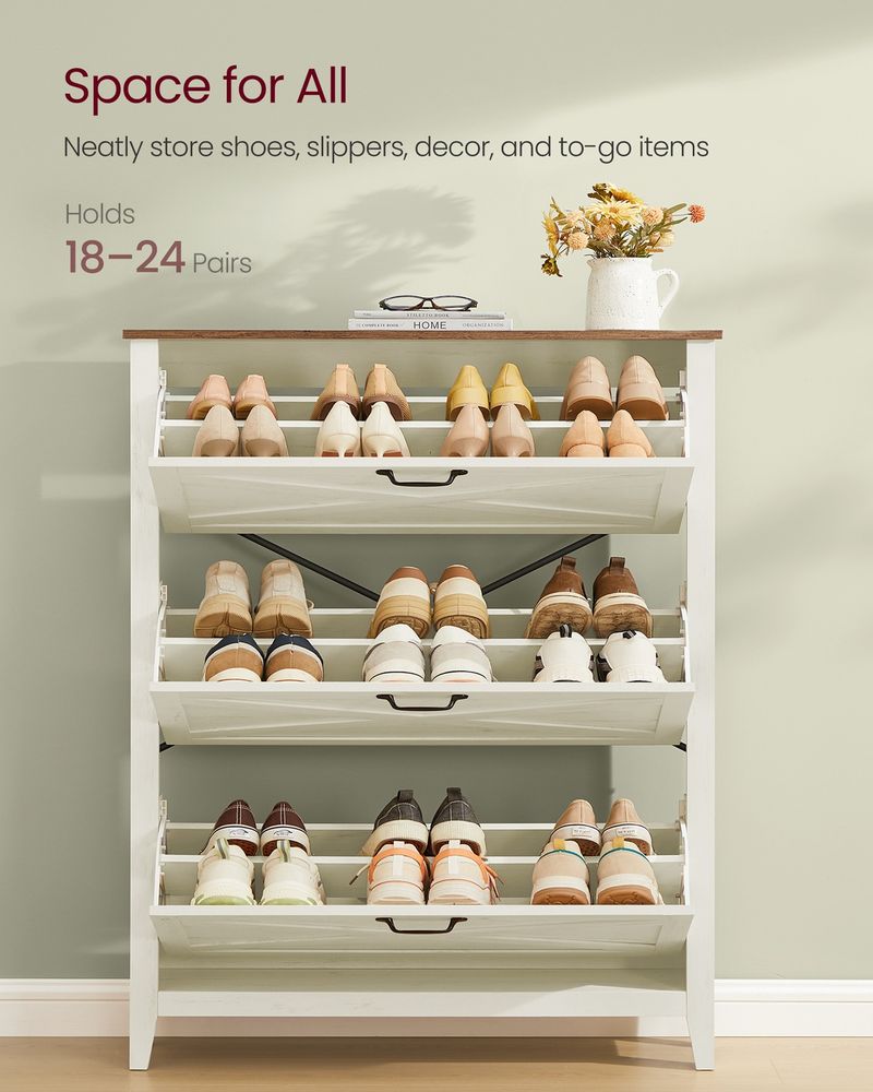 Shoe Storage Cabinet – 3 Flip Drawers – Farmhouse Entryway Organizer