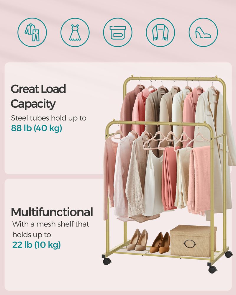 Clothes Rack With Wheels – Dense Mesh Storage Shelf – Rolling Garment Rack