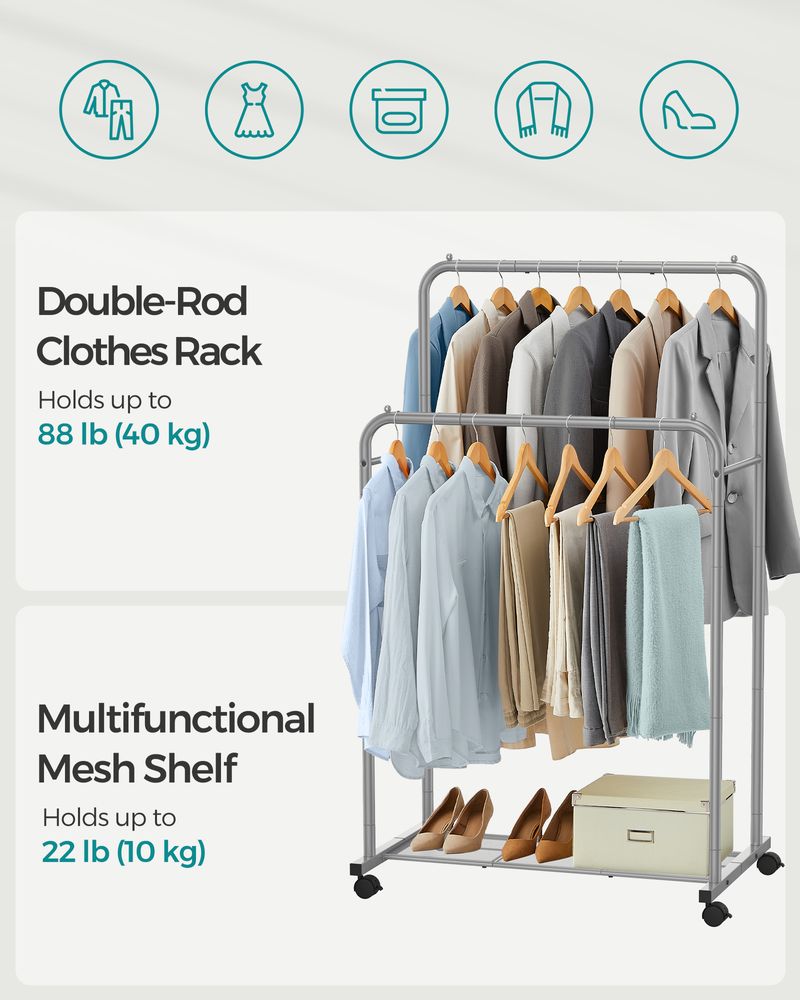 Clothes Rack With Wheels – Dense Mesh Storage Shelf – Rolling Garment Rack