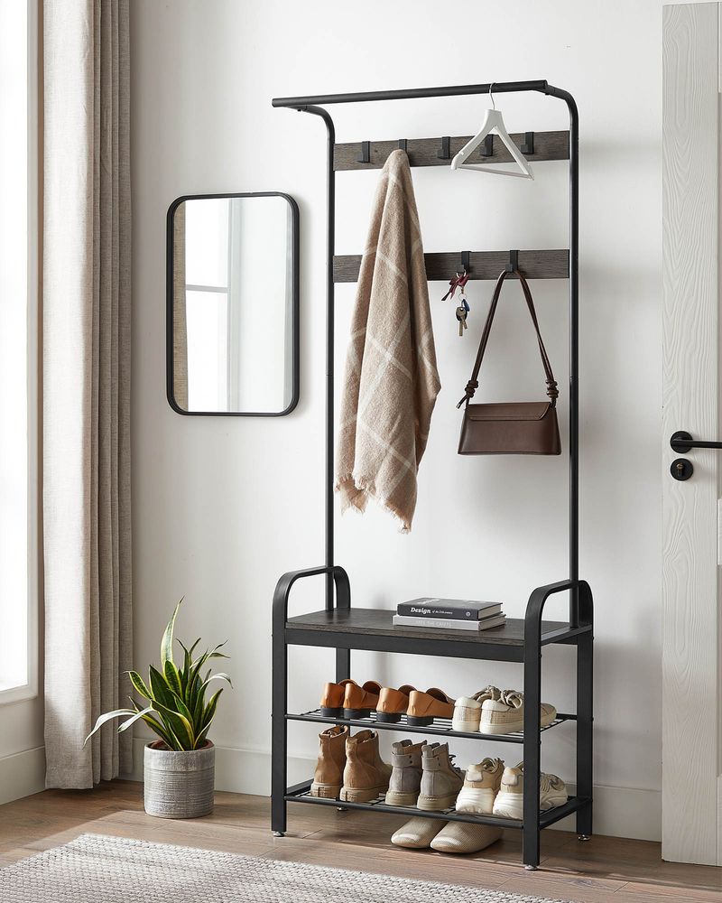 Industrial Coat Rack With Bench – 4-in-1 Hall Tree – Shoe Storage Entryway