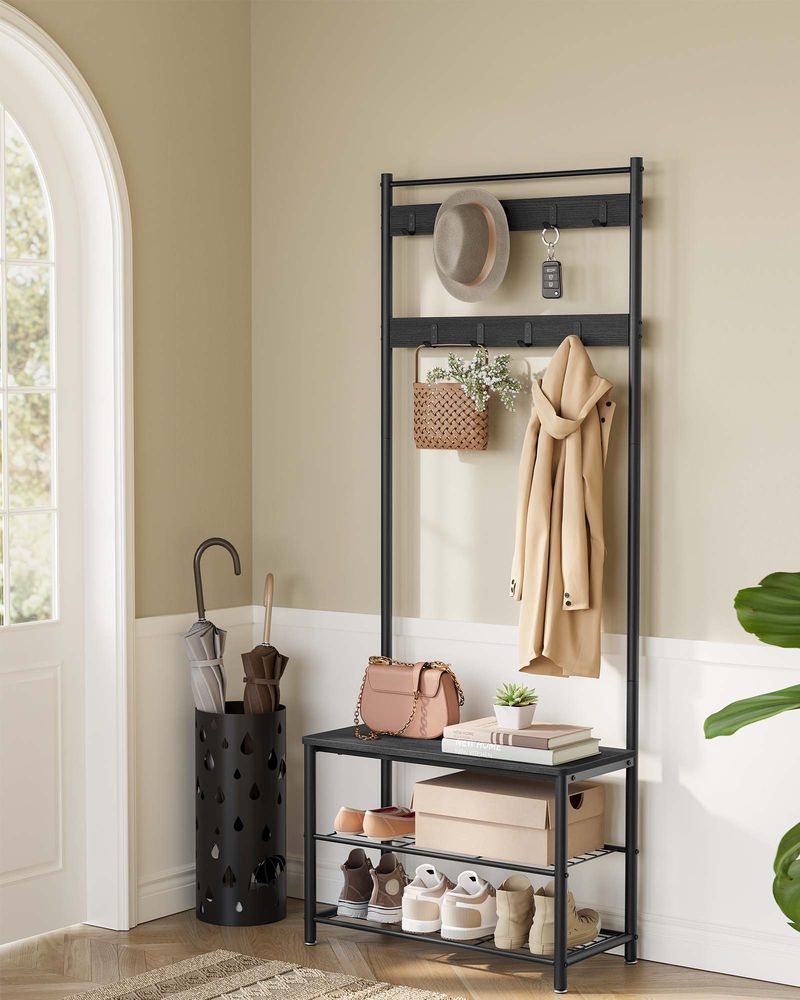 Hall Tree Coat Rack - Shoe Storage Bench - Entryway Hooks