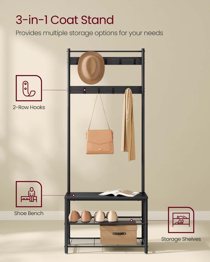 Hall Tree Coat Rack - Shoe Storage Bench - Entryway Hooks