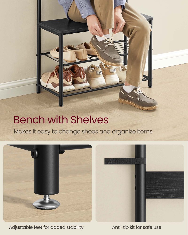 Hall Tree Coat Rack - Shoe Storage Bench - Entryway Hooks