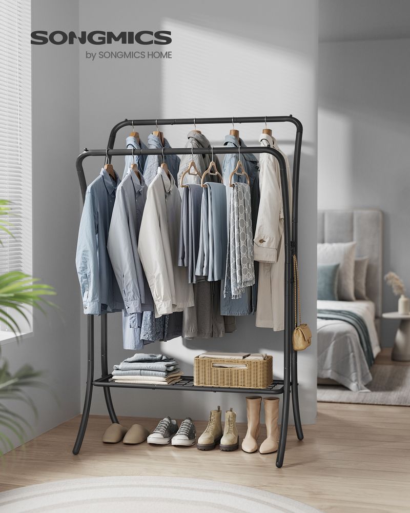 Double Rod Clothes Rack With Shelves Heavy Duty Garment Rack