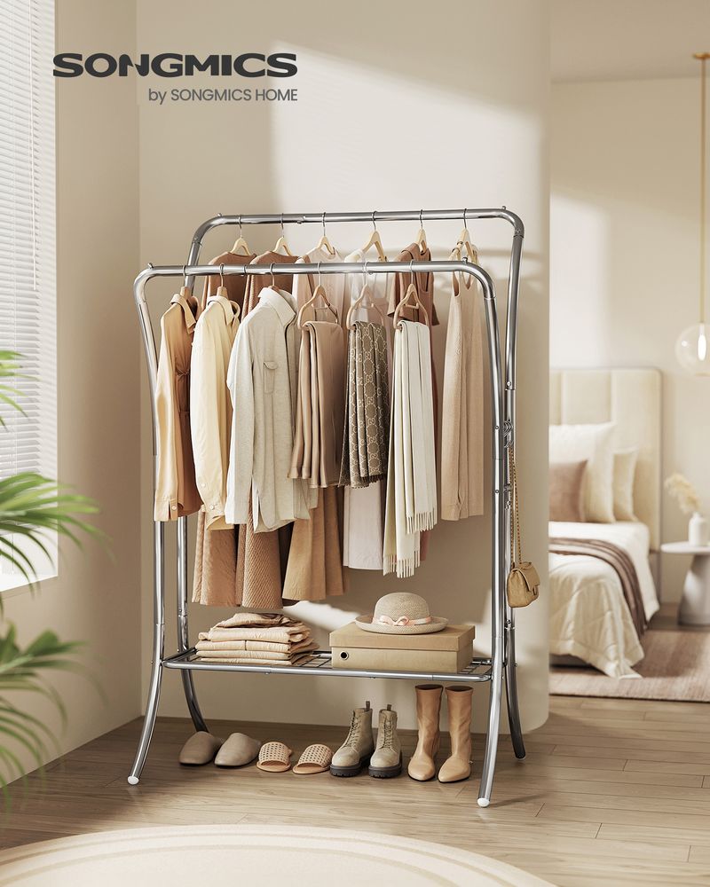 Double Rod Clothes Rack With Shelves Heavy Duty Garment Rack