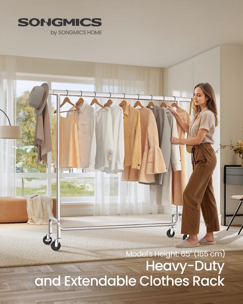 Heavy Duty Clothes Rack With Wheels Extendable Hanging Rod