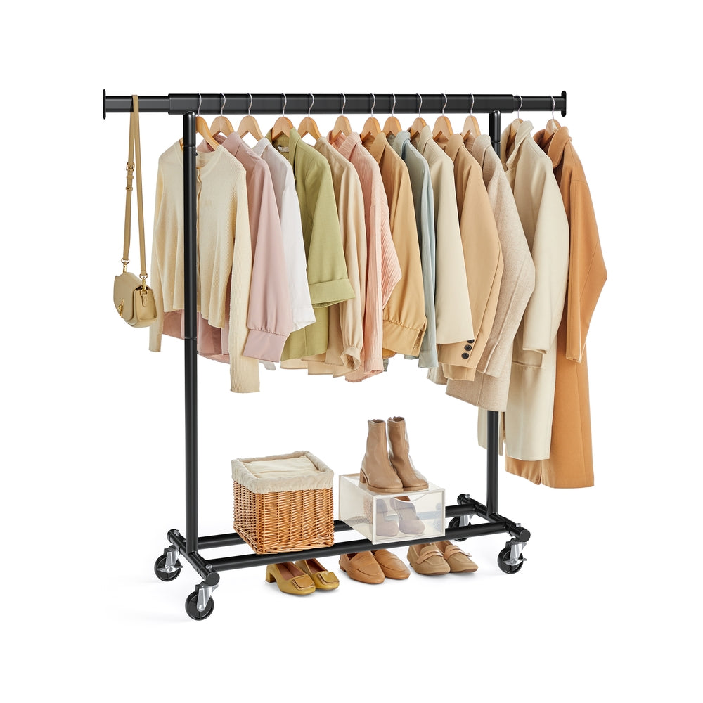 Clothes Rack With Extendable Hanging Rail Rolling Garment Rack