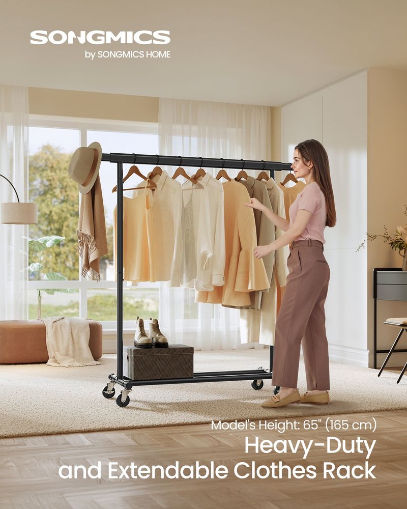 Clothes Rack With Extendable Hanging Rail Rolling Garment Rack