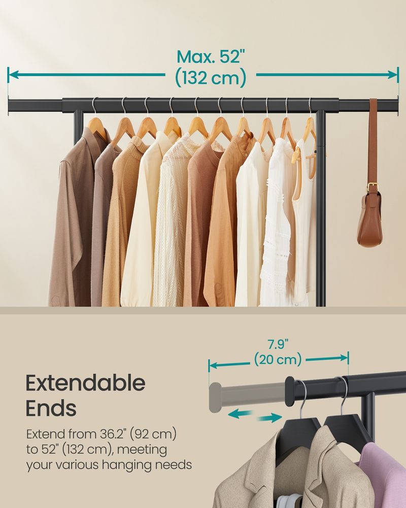 Clothes Rack With Extendable Hanging Rail Rolling Garment Rack