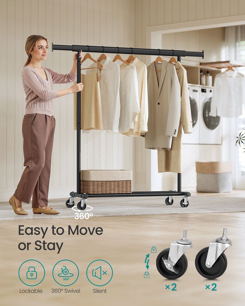 Clothes Rack With Extendable Hanging Rail Rolling Garment Rack