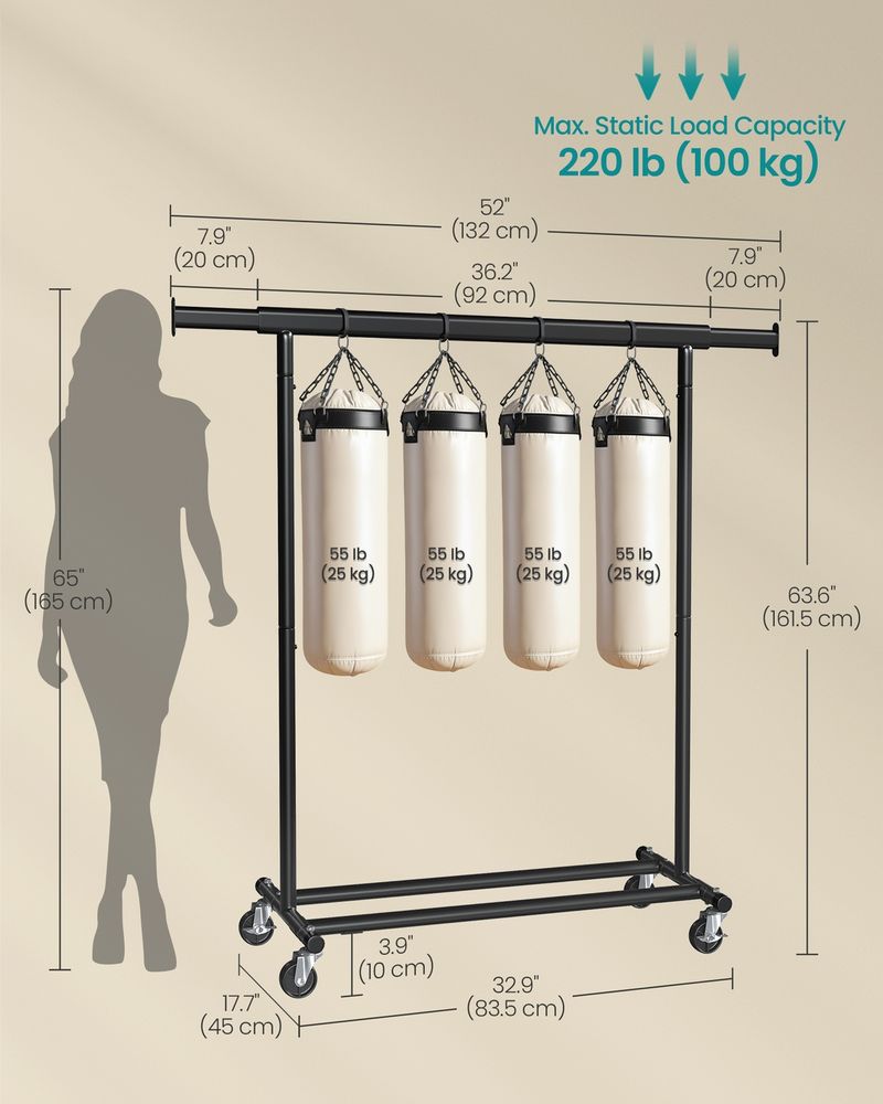 Clothes Rack With Extendable Hanging Rail Rolling Garment Rack