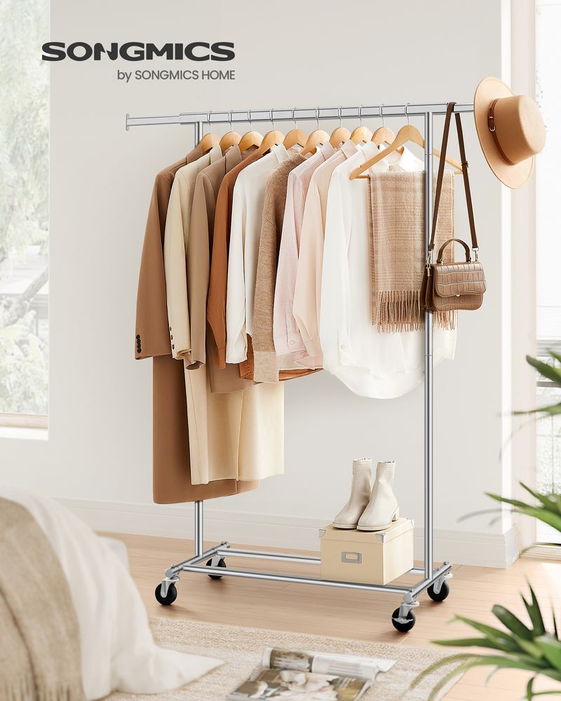 Clothes Rack With Extendable Hanging Rail Rolling Garment Rack