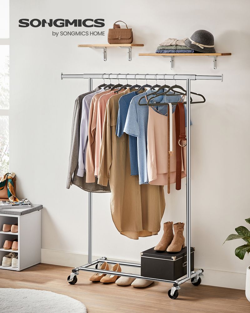 Clothes Rack With Extendable Hanging Rail Rolling Garment Rack