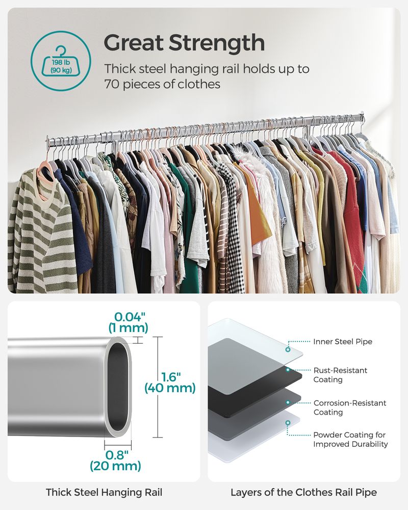 Clothes Rack with Extendable Hanging Rail – Heavy-Duty – Rolling Garment Rack