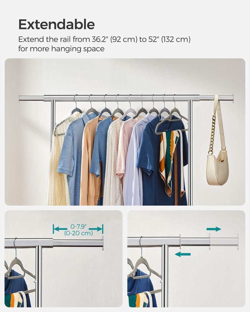 Clothes Rack With Extendable Hanging Rail Rolling Garment Rack