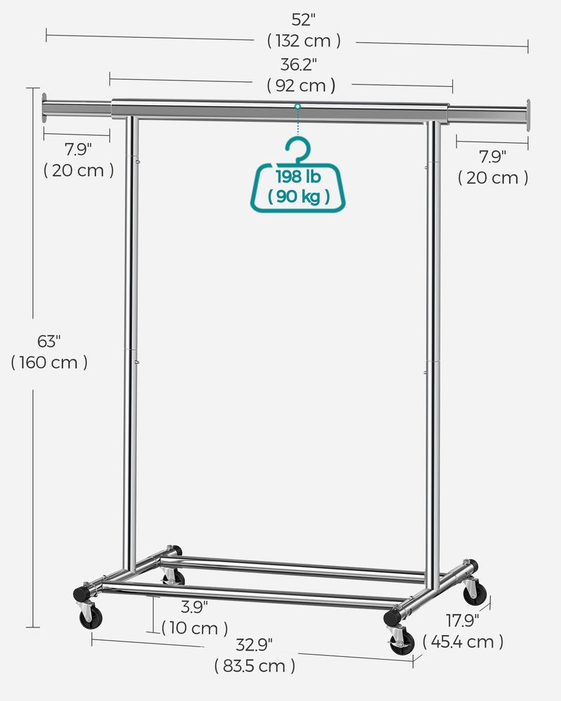 Clothes Rack With Extendable Hanging Rail Rolling Garment Rack