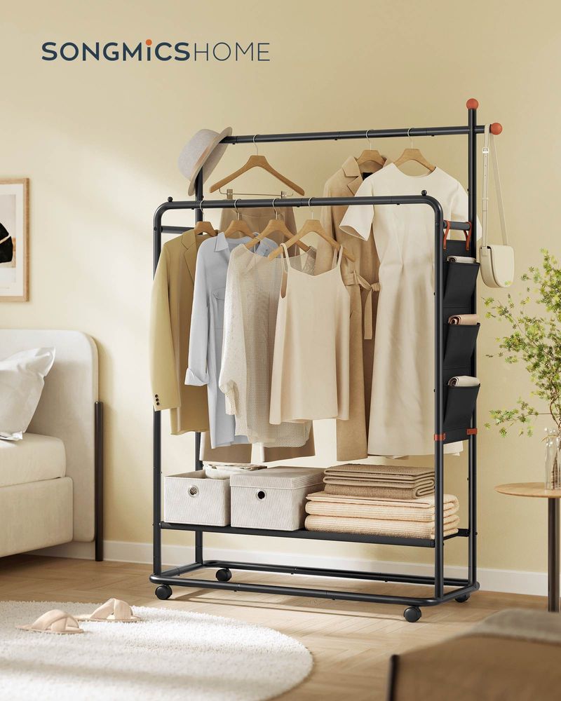Double Rod Clothes Rack With Wheels Garment Rack With Shelf Storage