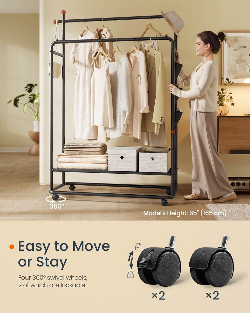 Double Rod Clothes Rack With Wheels Garment Rack With Shelf Storage