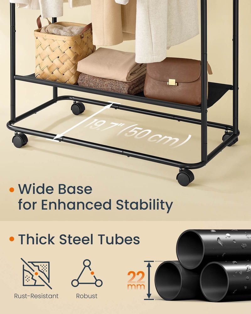 Double Rod Clothes Rack With Wheels Garment Rack With Shelf Storage
