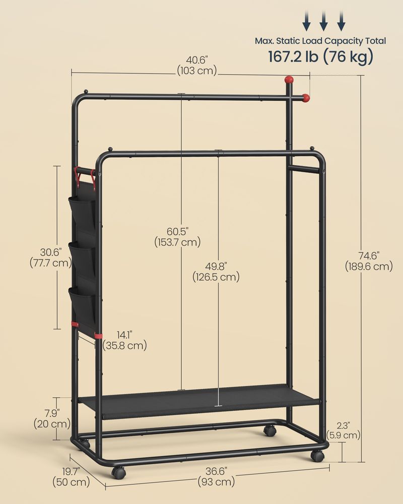 Double Rod Clothes Rack With Wheels Garment Rack With Shelf Storage