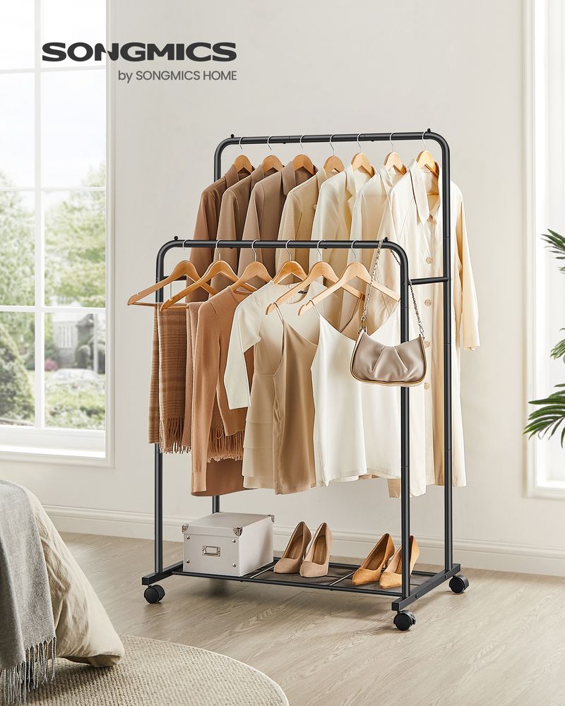Clothes Rack With Wheels – Dense Mesh Storage Shelf – Rolling Garment Rack