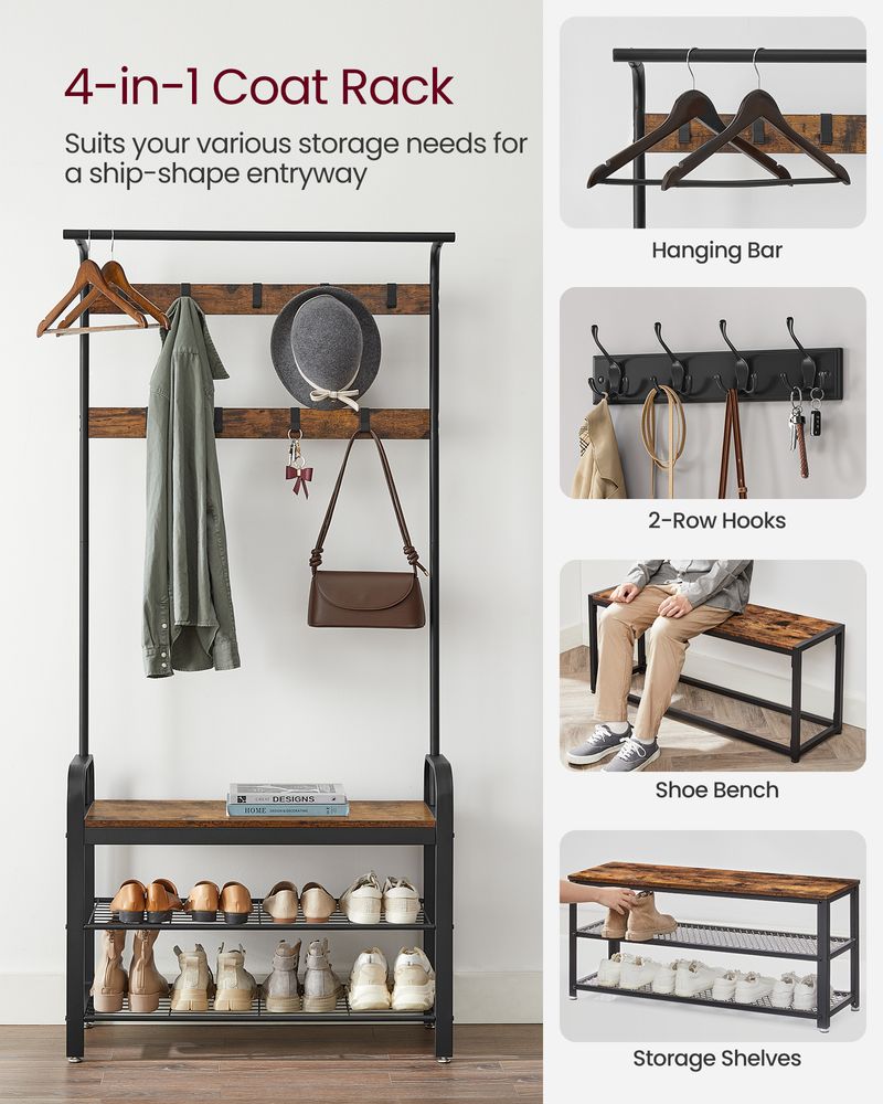 Coat Rack With Shoe Bench - Entryway Storage Organizer